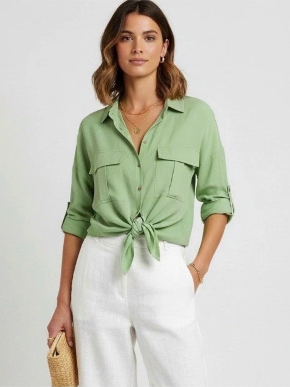 Anthropologie Maeve Button down Green Blouse Tie Hem Front , XS Oversize